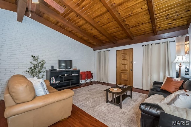 110 Coral Ter Unit 13, Ballwin, MO 63011 - living area featuring brick wall, wood finished floors, wood ceiling, and a ceiling fan