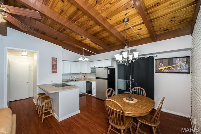 110 Coral Ter Unit 13, Ballwin, MO 63011 - dining room with a chandelier, wooden ceiling, dark wood finished floors, baseboards, and a ceiling fan
