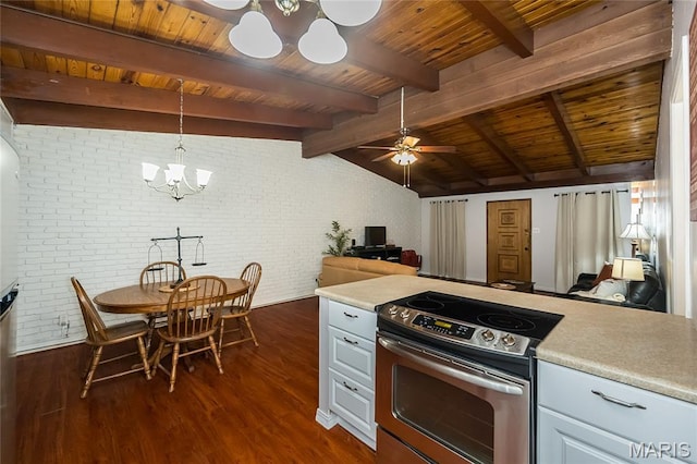 110 Coral Ter Unit 13, Ballwin, MO 63011 - kitchen with stainless steel range with electric cooktop, brick wall, a chandelier, dark wood-type flooring, and ceiling fan
