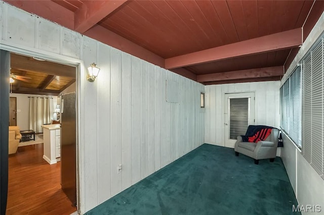 110 Coral Ter Unit 13, Ballwin, MO 63011 - corridor featuring wooden ceiling with exposed beams and wood walls