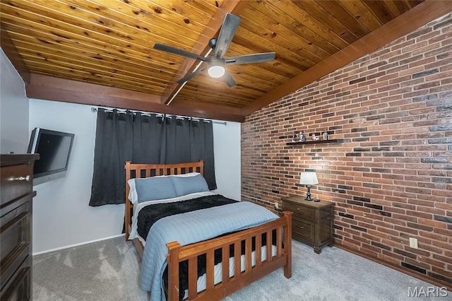 110 Coral Ter Unit 13, Ballwin, MO 63011 - carpeted bedroom featuring brick wall, wooden ceiling, vaulted ceiling, baseboards, and a ceiling fan