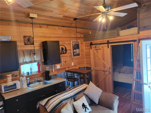 303 Arrowhead Trl, Hermann, MO 65041 - bedroom featuring wood walls, a sink, a barn door, wooden ceiling, and lofted ceiling