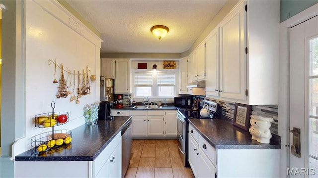 604 N Hena St, Greenville, IL 62246 - kitchen featuring stainless steel appliances, a sink, dark countertops, under cabinet range hood, and white cabinets