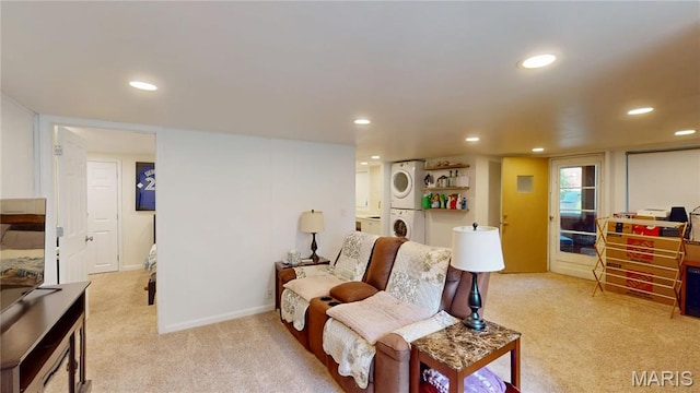 604 N Hena St, Greenville, IL 62246 - living room with stacked washer / drying machine, light colored carpet, and recessed lighting