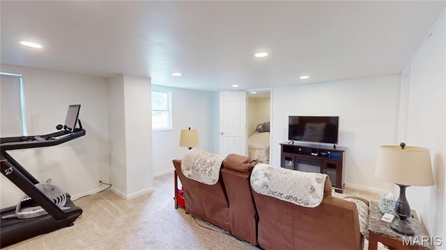 604 N Hena St, Greenville, IL 62246 - living area featuring baseboards, recessed lighting, and light carpet