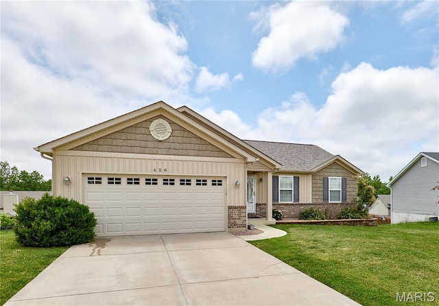 628 Meadowgreen Dr, Troy, MO 63379 - ranch-style house featuring board and batten siding, concrete driveway, an attached garage, a front lawn, and brick siding