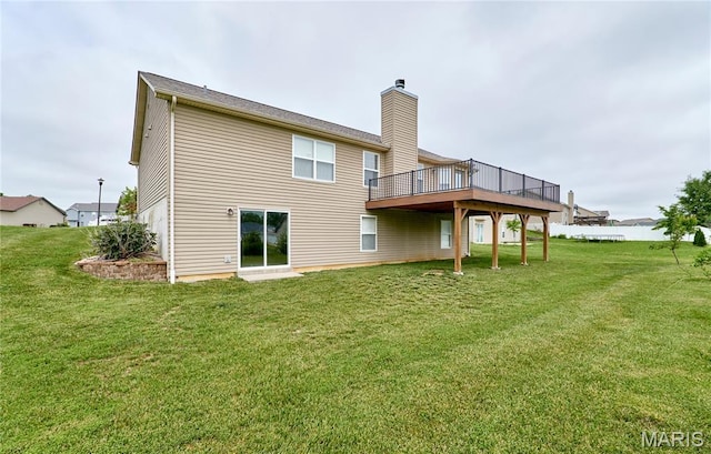 628 Meadowgreen Dr, Troy, MO 63379 - rear view of property featuring a wooden deck, a chimney, and a lawn