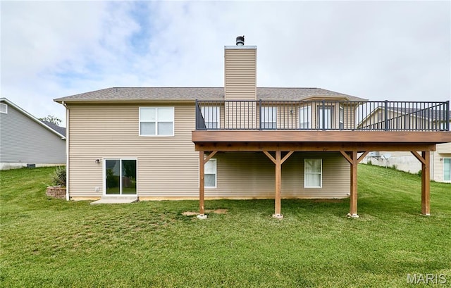 628 Meadowgreen Dr, Troy, MO 63379 - back of property featuring a wooden deck, a lawn, and a chimney