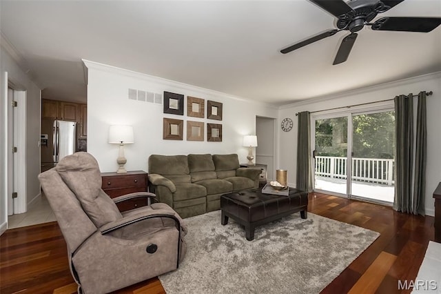 3644 Cinnamon Tree Ln, Oakville, MO 63129 - living area featuring ornamental molding, a ceiling fan, and wood finished floors