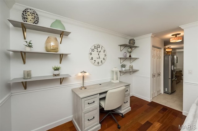 3644 Cinnamon Tree Ln, Oakville, MO 63129 - office area with ornamental molding and dark wood-style flooring
