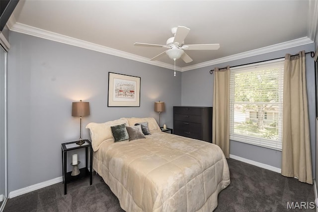 3644 Cinnamon Tree Ln, Oakville, MO 63129 - bedroom featuring dark carpet, ornamental molding, and a ceiling fan