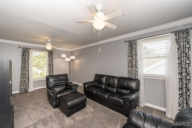 3644 Cinnamon Tree Ln, Oakville, MO 63129 - living room with ceiling fan, ornamental molding, and carpet flooring