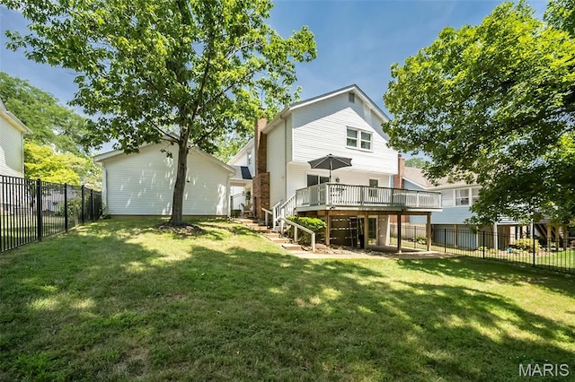 3644 Cinnamon Tree Ln, Oakville, MO 63129 - back of property featuring a deck, a fenced backyard, a chimney, and stairway