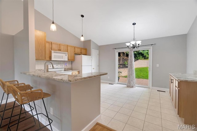 612 Hill Dr, Eureka, MO 63025 - kitchen with white appliances, a peninsula, decorative backsplash, a chandelier, and pendant lighting