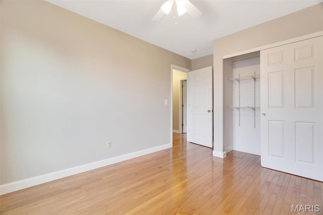 612 Hill Dr, Eureka, MO 63025 - unfurnished bedroom with light wood-type flooring, a closet, and a ceiling fan