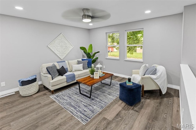 2012 Maple Tree Ln, Cahokia, IL 62206 - living room featuring ceiling fan, wood finished floors, baseboards, and recessed lighting