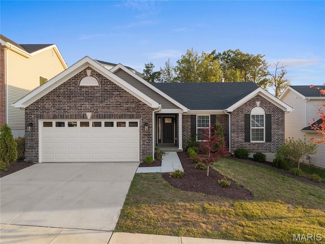 7405 Shadow Point Dr, Saint Louis, MO 63129 - ranch-style house with brick siding, a garage, concrete driveway, and a front yard