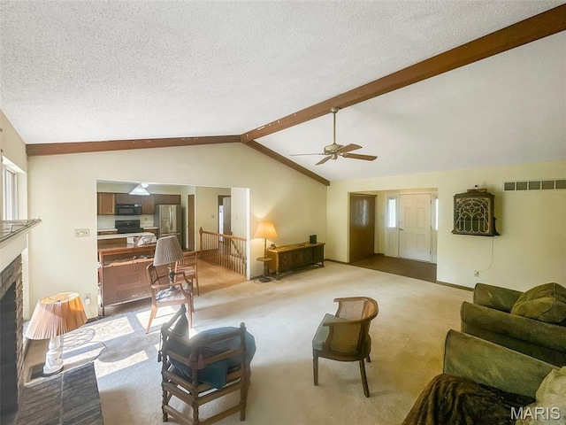 135 Misty View Ln, Saint Peters, MO 63376 - living area with a brick fireplace, a ceiling fan, a textured ceiling, and carpet floors