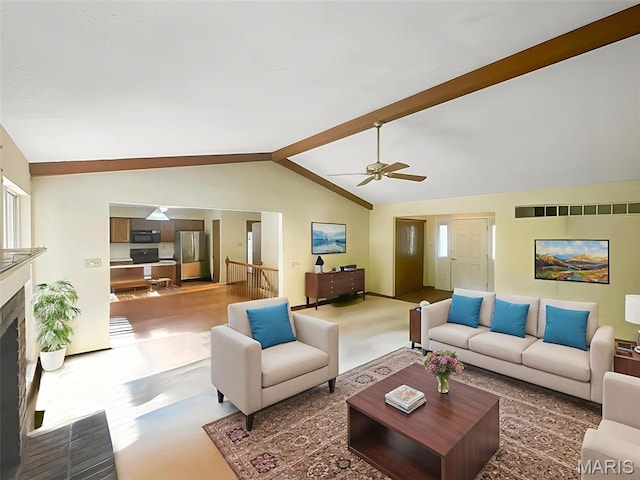 135 Misty View Ln, Saint Peters, MO 63376 - living area with ceiling fan and a brick fireplace