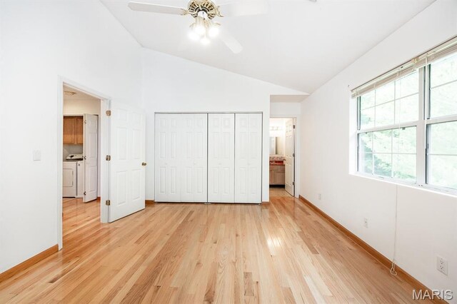 608 Andra Dr, Maryville, IL 62062 - unfurnished bedroom with light wood-style floors, a closet, baseboards, ceiling fan, and ensuite bathroom