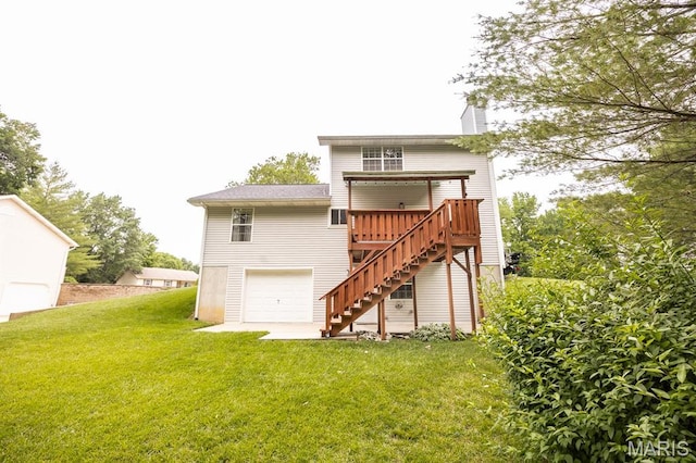 608 Andra Dr, Maryville, IL 62062 - rear view of house with stairs, a wooden deck, a lawn, a chimney, and an attached garage