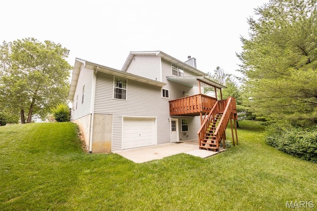 608 Andra Dr, Maryville, IL 62062 - rear view of property with stairway, a deck, a lawn, and a garage