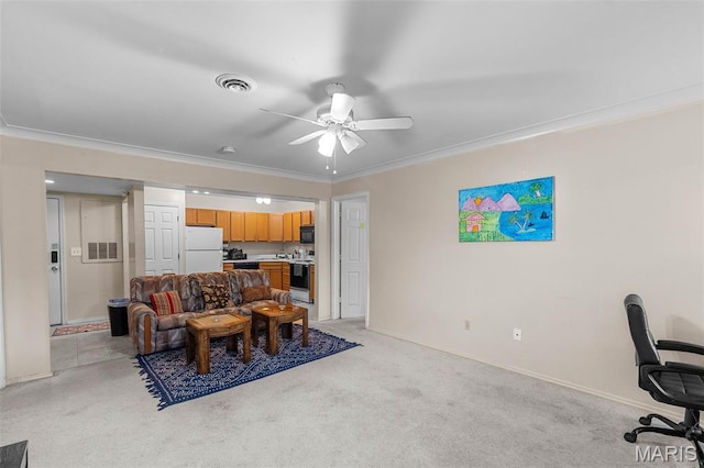 2339 Kratky Rd Unit A, Saint Louis, MO 63114 - living area featuring ceiling fan, light colored carpet, baseboards, and crown molding