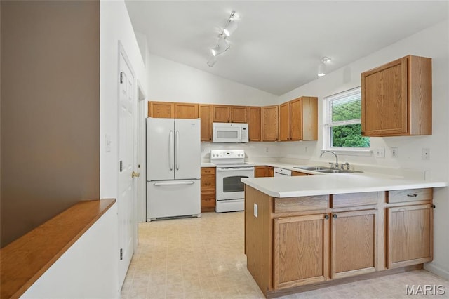 360 Keystone Dr, Fenton, MO 63026 - kitchen featuring white appliances, a sink, a peninsula, vaulted ceiling, and light countertops
