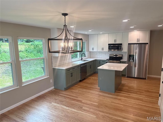 2542 Dukeland Dr, Ferguson Township, MO 63136 - kitchen featuring stainless steel appliances, gray cabinetry, a sink, light countertops, and decorative backsplash