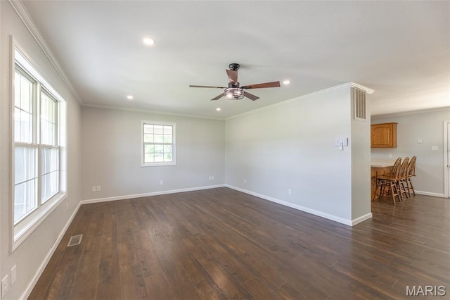 3936 State Highway 142, Doniphan, MO 63935 - unfurnished room with ceiling fan, ornamental molding, dark wood-style floors, baseboards, and recessed lighting