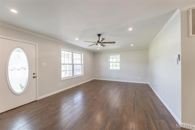 3936 State Highway 142, Doniphan, MO 63935 - entryway with ceiling fan, dark wood-style flooring, crown molding, baseboards, and recessed lighting