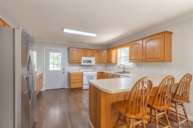 3936 State Highway 142, Doniphan, MO 63935 - kitchen with white appliances, a sink, a peninsula, dark wood-style floors, and ornamental molding