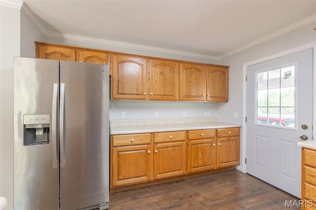 3936 State Highway 142, Doniphan, MO 63935 - kitchen with stainless steel fridge with ice dispenser, ornamental molding, light countertops, dark wood finished floors, and brown cabinets