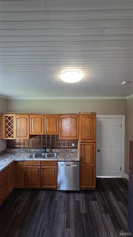 923 S High St, Belleville, IL 62220 - kitchen featuring dishwasher, dark wood-style floors, decorative backsplash, brown cabinetry, and crown molding