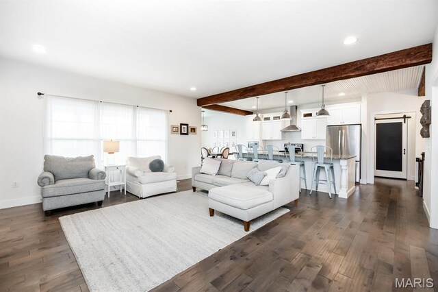 1821 Orr Ln, Ofallon, IL 62269 - living room featuring beam ceiling, baseboards, recessed lighting, and dark wood-style flooring