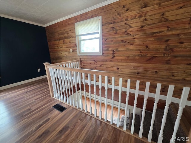 18835 Mary Jane Ln, Carlyle, IL 62231 - hallway with an upstairs landing, crown molding, wood finished floors, and wooden walls