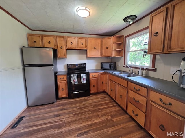 18835 Mary Jane Ln, Carlyle, IL 62231 - kitchen with freestanding refrigerator, black electric range oven, open shelves, dark countertops, and a sink