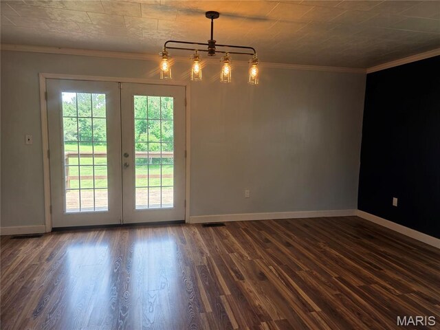 18835 Mary Jane Ln, Carlyle, IL 62231 - unfurnished room with french doors, dark wood-type flooring, baseboards, and crown molding