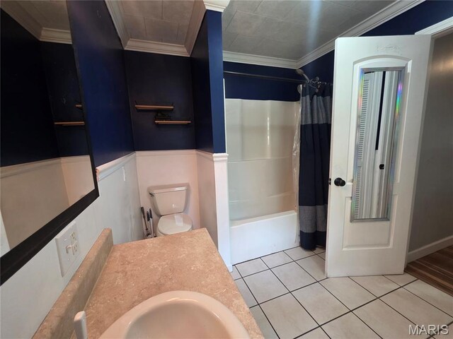 18835 Mary Jane Ln, Carlyle, IL 62231 - full bath featuring crown molding, toilet, shower / tub combo with curtain, tile patterned floors, and vanity
