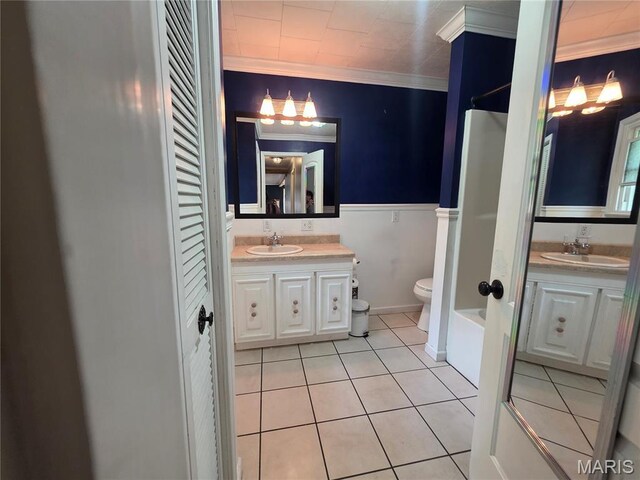 18835 Mary Jane Ln, Carlyle, IL 62231 - bathroom featuring vanity, toilet, tile patterned floors, ornamental molding, and shower / bath combination
