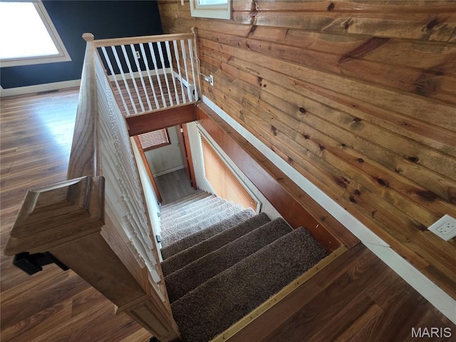 18835 Mary Jane Ln, Carlyle, IL 62231 - stairs with wood finished floors, baseboards, wood walls, and healthy amount of natural light