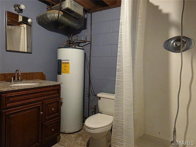 18835 Mary Jane Ln, Carlyle, IL 62231 - full bath featuring water heater, toilet, vanity, curtained shower, and tile patterned floors