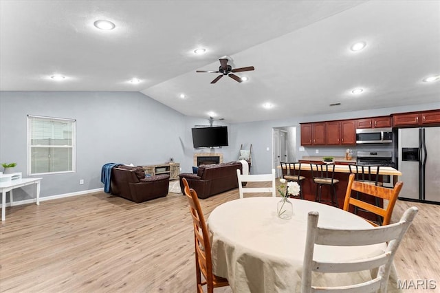 9138 Lynwood Ln, Fairview Heights, IL 62208 - dining space featuring a ceiling fan, light wood-style floors, baseboards, lofted ceiling, and recessed lighting