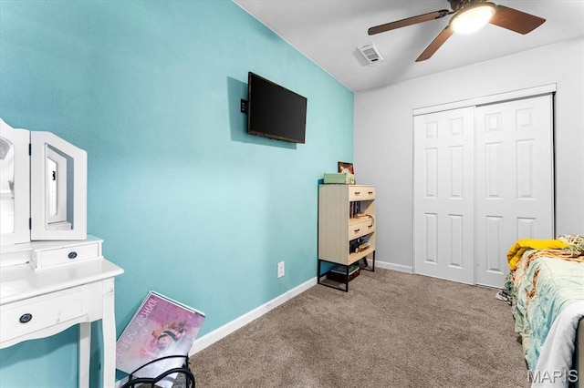9138 Lynwood Ln, Fairview Heights, IL 62208 - bedroom featuring carpet flooring, baseboards, a closet, and ceiling fan