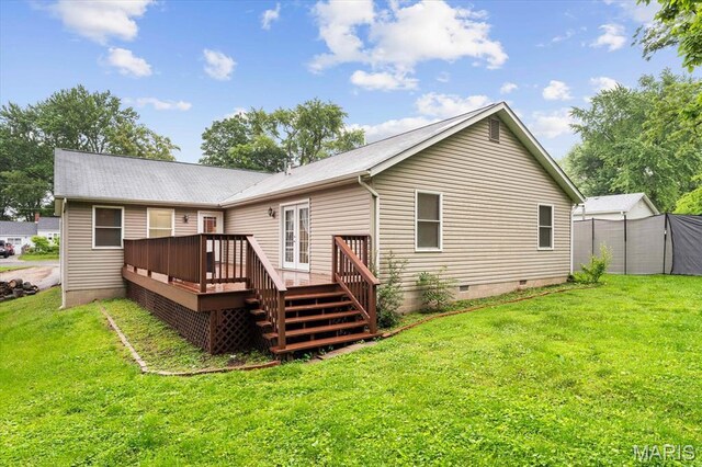 9138 Lynwood Ln, Fairview Heights, IL 62208 - rear view of property with crawl space, a wooden deck, and a yard