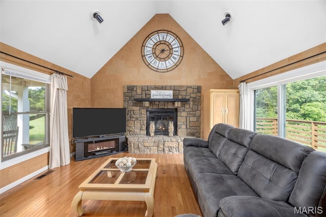 795 Schluersburg Rd, Augusta, MO 63332 - living room featuring a stone fireplace, high vaulted ceiling, and light wood-type flooring