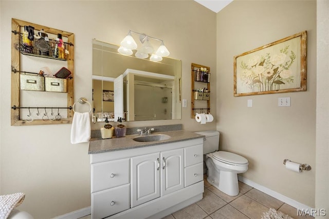 795 Schluersburg Rd, Augusta, MO 63332 - bathroom featuring toilet, vanity, tile patterned floors, a shower with shower door, and baseboards