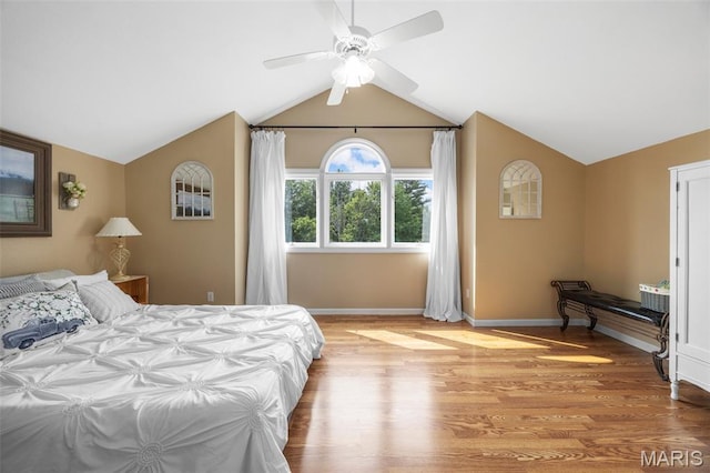 795 Schluersburg Rd, Augusta, MO 63332 - bedroom featuring vaulted ceiling, light wood-type flooring, baseboards, and a ceiling fan