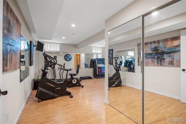 795 Schluersburg Rd, Augusta, MO 63332 - exercise room with light wood-type flooring, recessed lighting, and baseboards