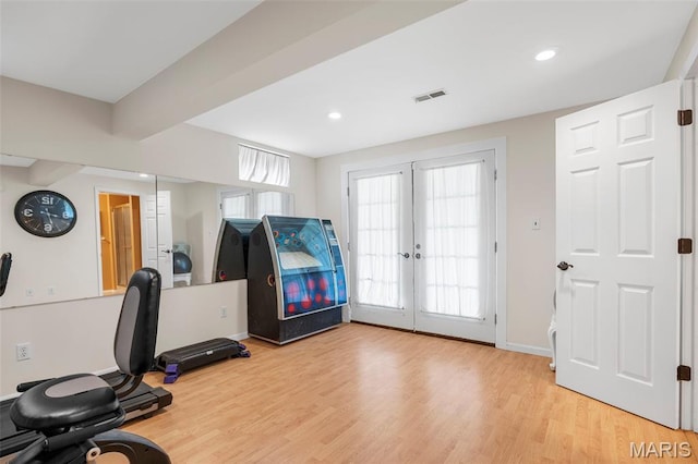 795 Schluersburg Rd, Augusta, MO 63332 - workout area with light wood finished floors, french doors, baseboards, and recessed lighting